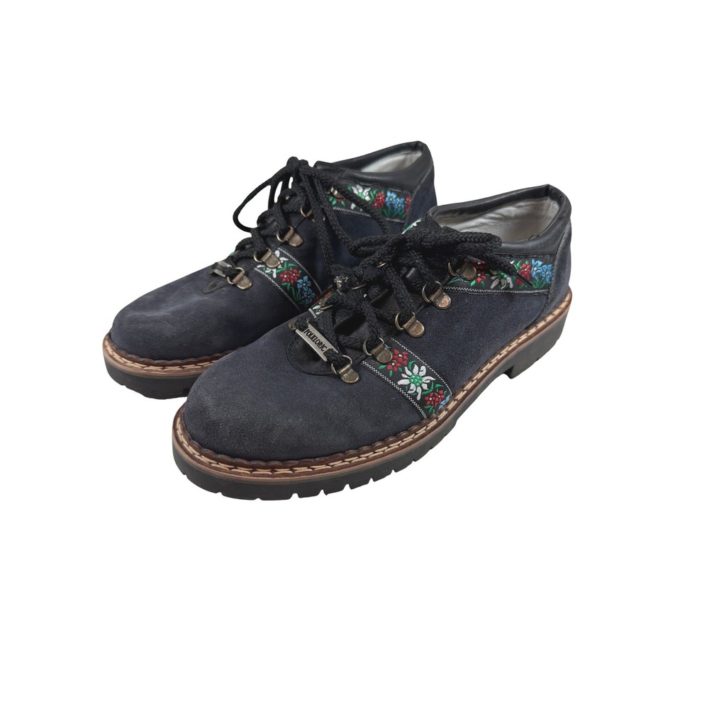Folkloric Suede Swiss Style Hiking Boots 42 Black Embroidered Tyrolean Gorpcore